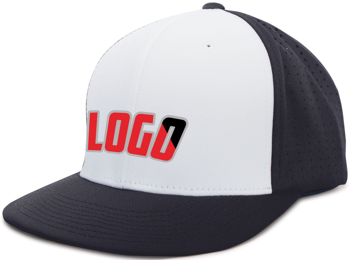 ES474WL Unisex Perforated F3 Performance FlexFit Flat Custom Cap, color: White/Navy