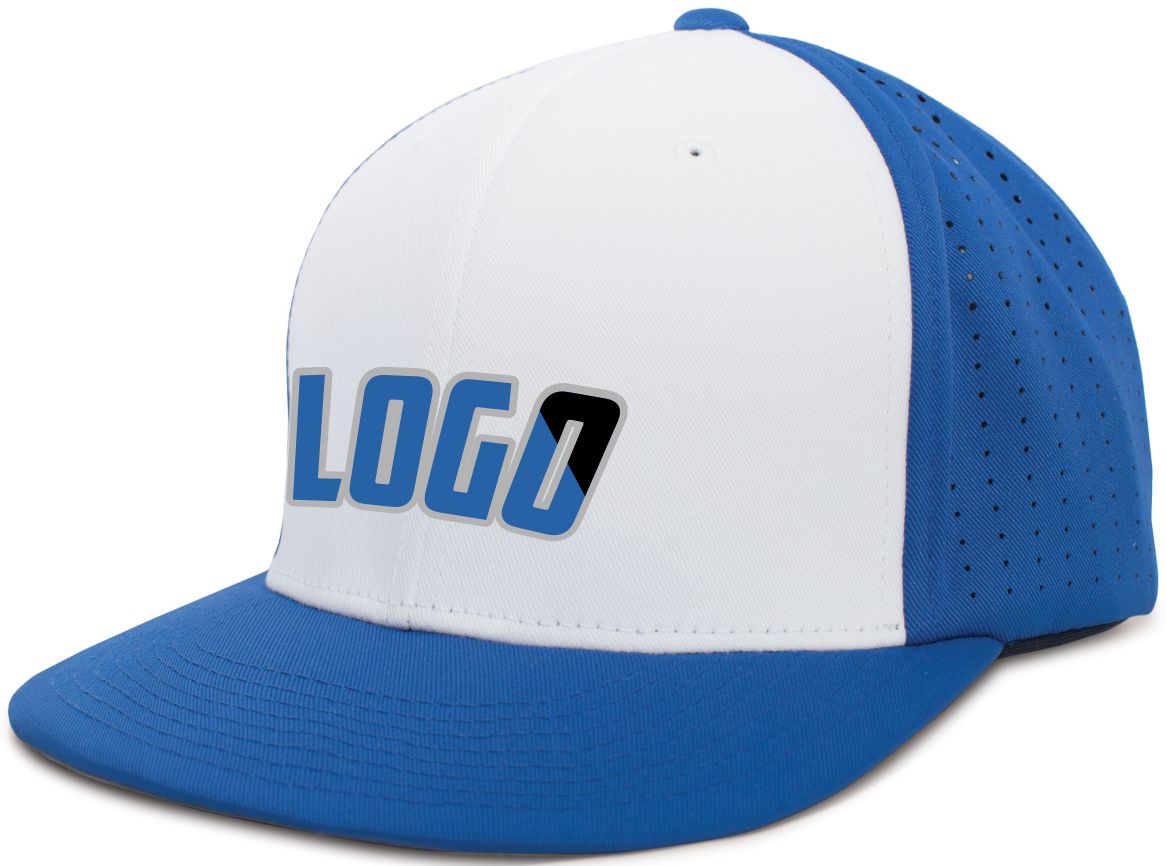 ES474WL Unisex Perforated F3 Performance FlexFit Flat Custom Cap, color: White/Royal
