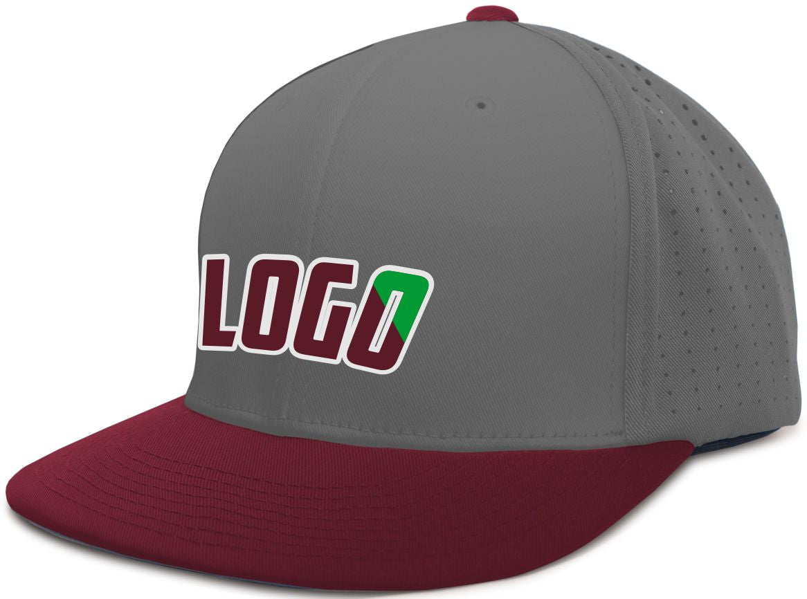ES474WL Unisex Perforated F3 Performance FlexFit Flat Custom Cap, color: Graphite/Maroon
