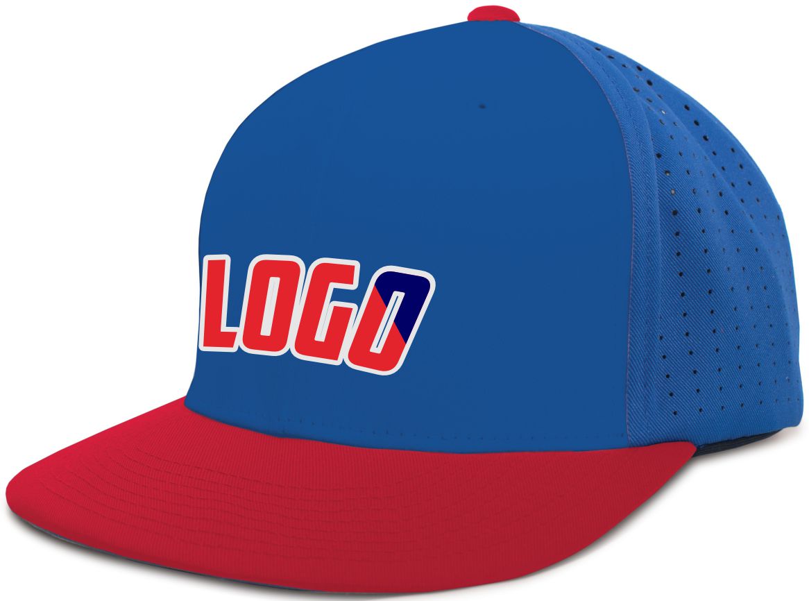 ES474WL Unisex Perforated F3 Performance FlexFit Flat Custom Cap, color: Royal/Red