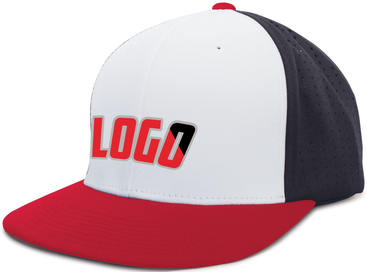 ES474WL Unisex Perforated F3 Performance FlexFit Flat Custom Cap, color: White/Navy/Red