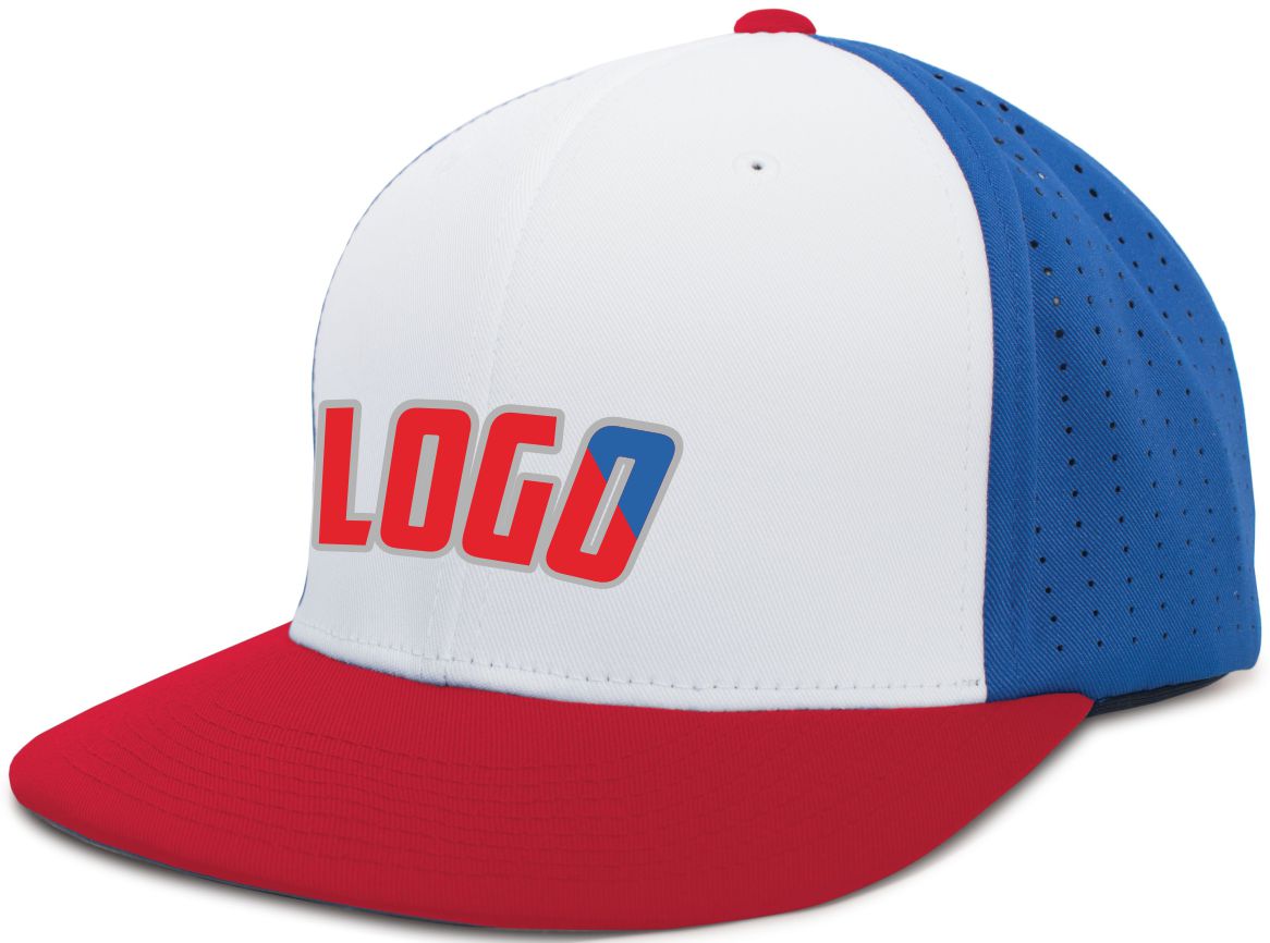 ES474WL Unisex Perforated F3 Performance FlexFit Flat Custom Cap, color: White/Royal/Red