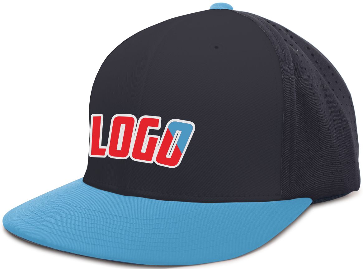 ES474WL Unisex Perforated F3 Performance FlexFit Flat Custom Cap, color: Navy/Columbia Blue