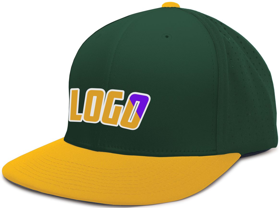 ES474WL Unisex Perforated F3 Performance FlexFit Flat Custom Cap, color: Dark Green/Gold