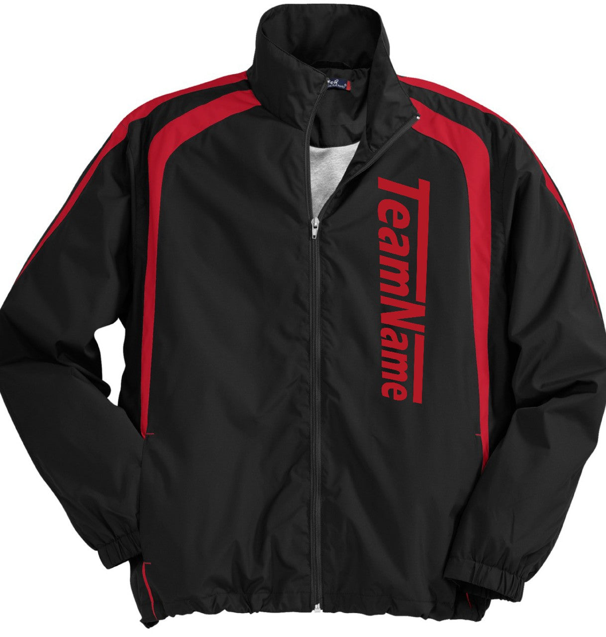 JST60WD Men's ColorBlock Raglan Custom Warmup Jacket, color: Black/True Red