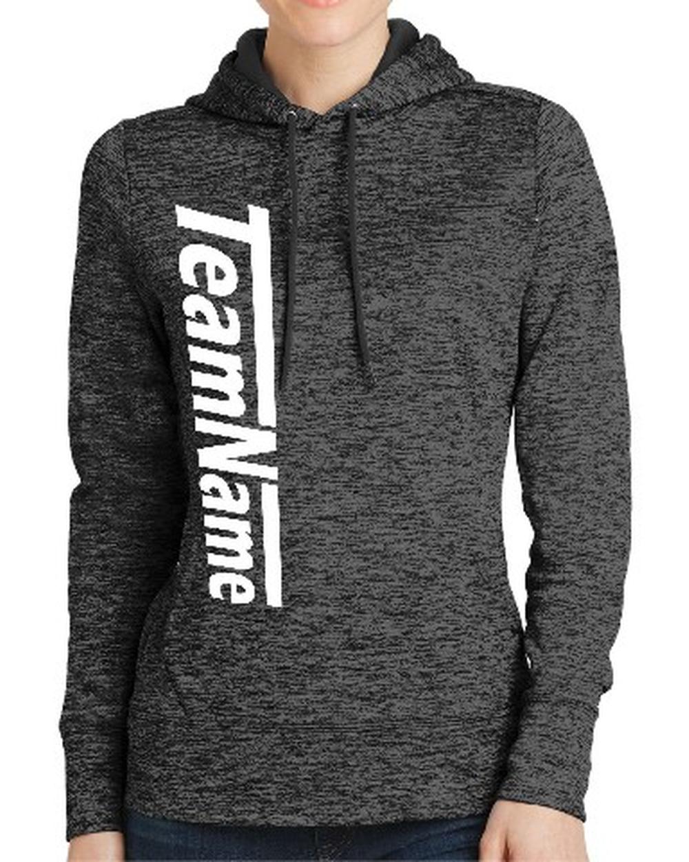 Sport-TEK Women's Electric Heather Fleece Hooded Custom Sweatshirt, color: Grey-Black Electric