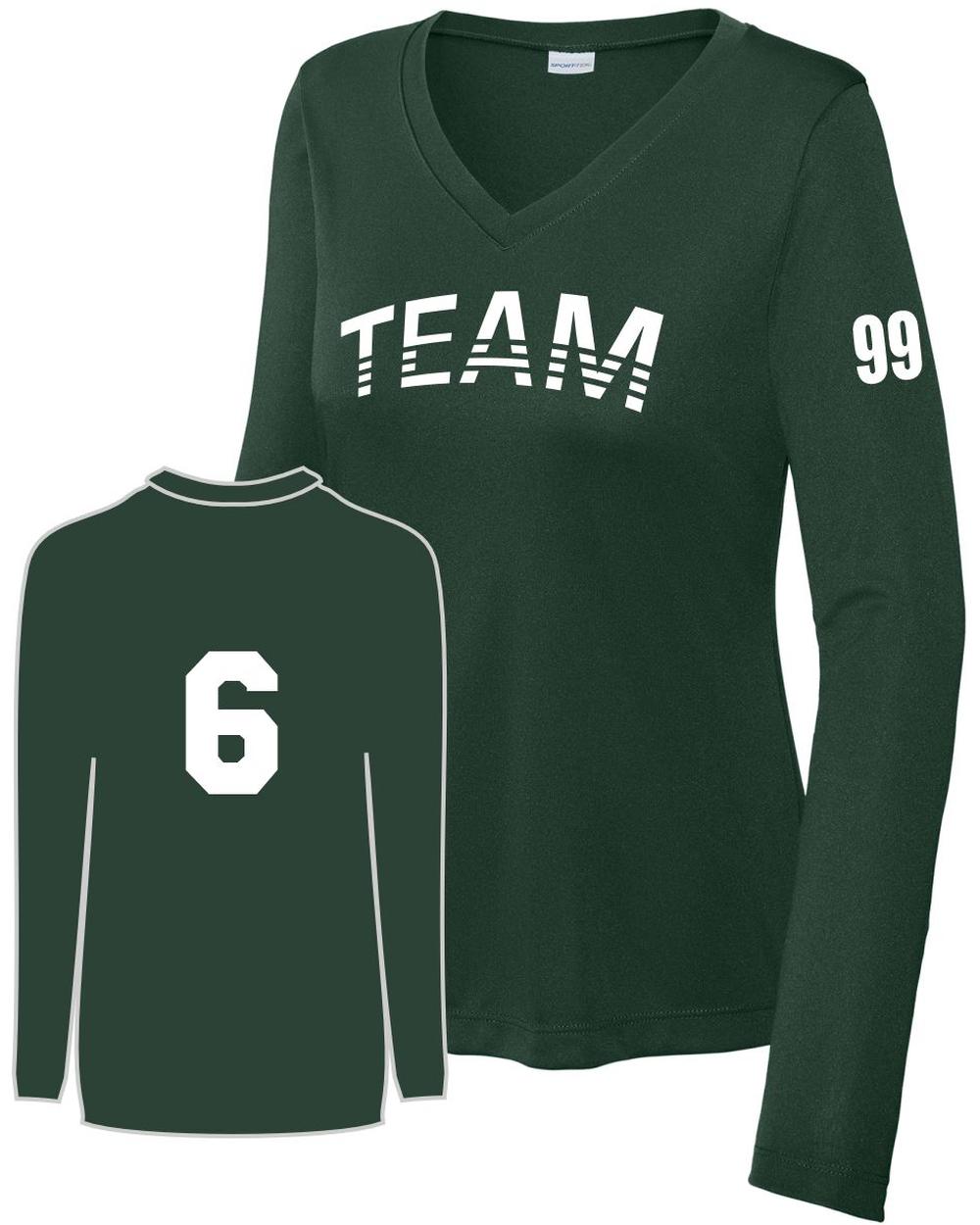 Sport-TEK Women's PosiCharge L/S Custom V-Neck T-Shirt, color: Forest Green