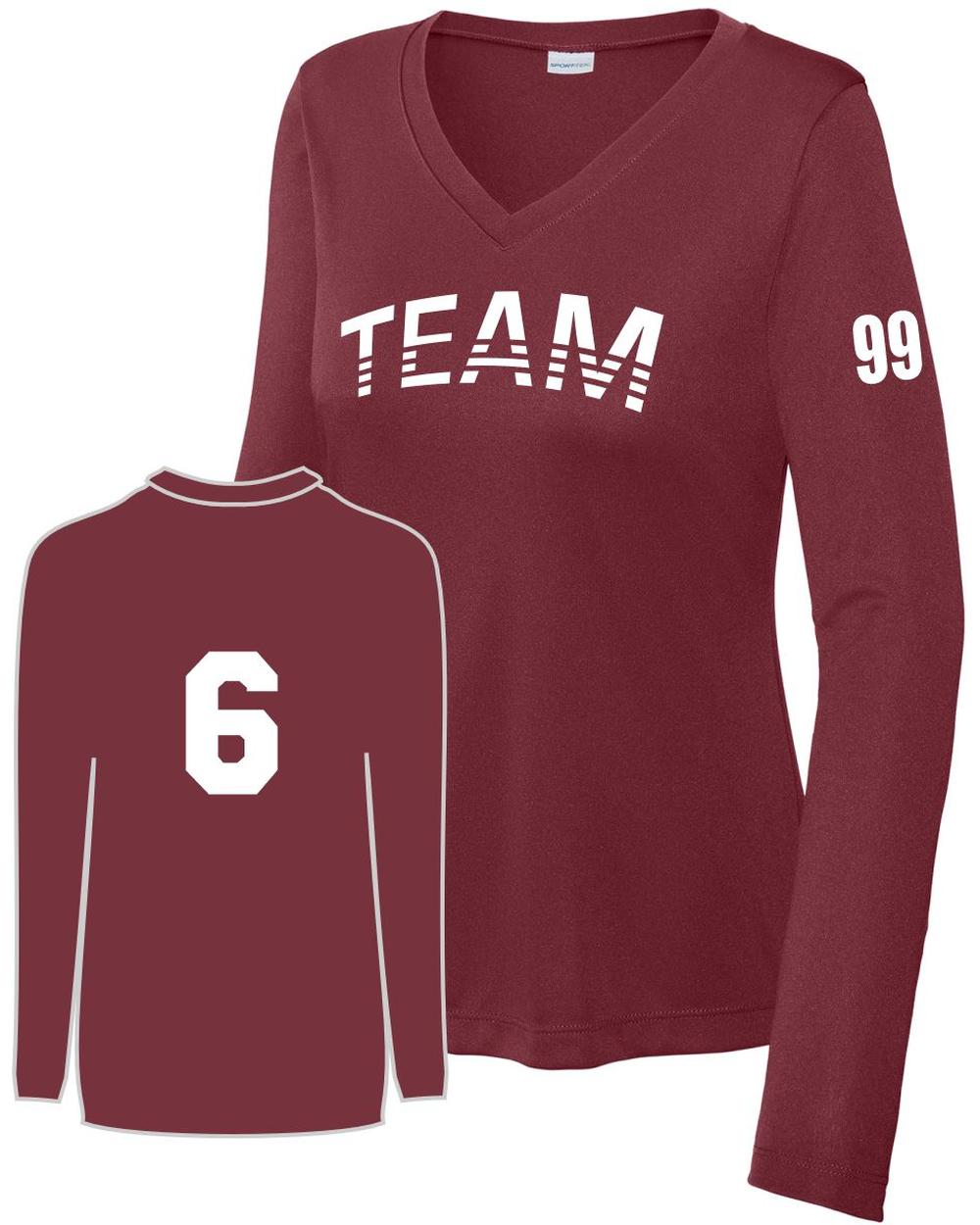 Sport-TEK Women's PosiCharge L/S Custom V-Neck T-Shirt, color: Maroon