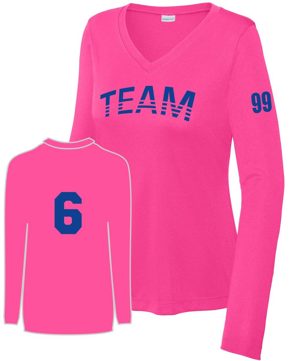Sport-TEK Women's PosiCharge L/S Custom V-Neck T-Shirt, color: Neon Pink