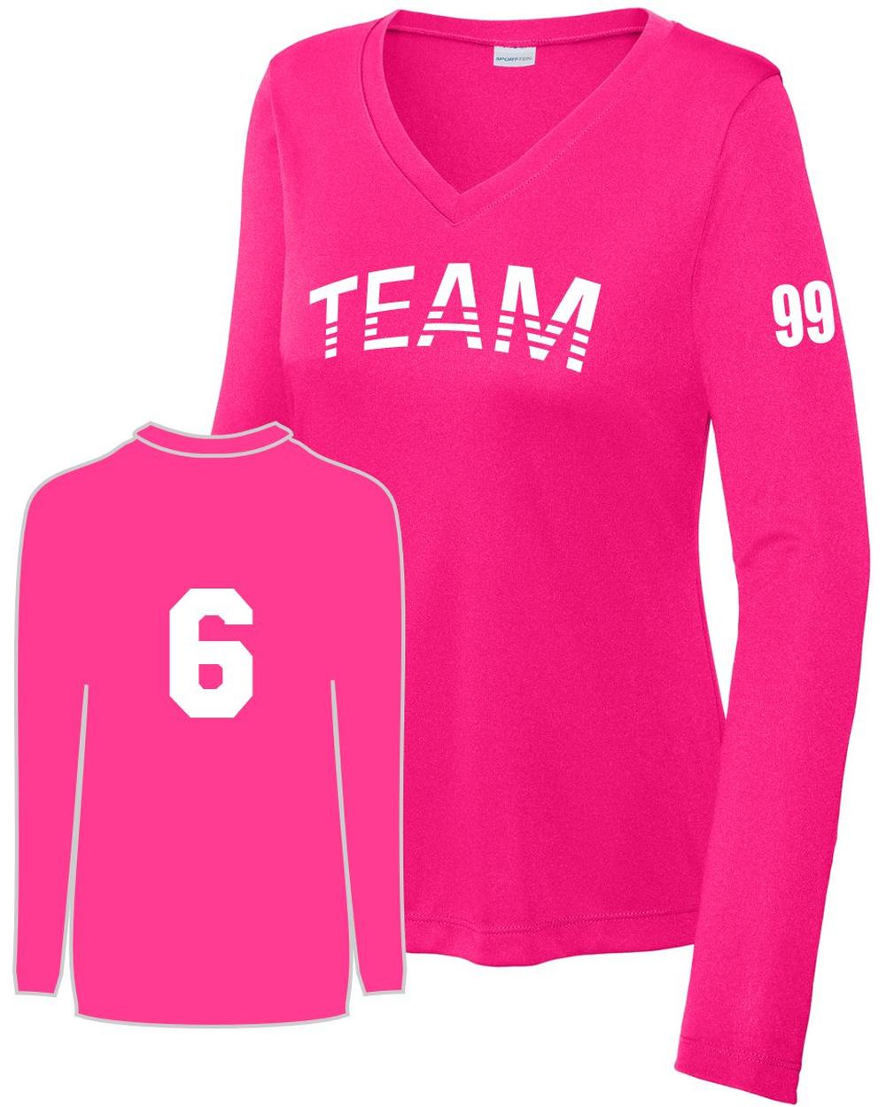 Sport-TEK Women's PosiCharge L/S Custom V-Neck T-Shirt, color: Pink Raspberry
