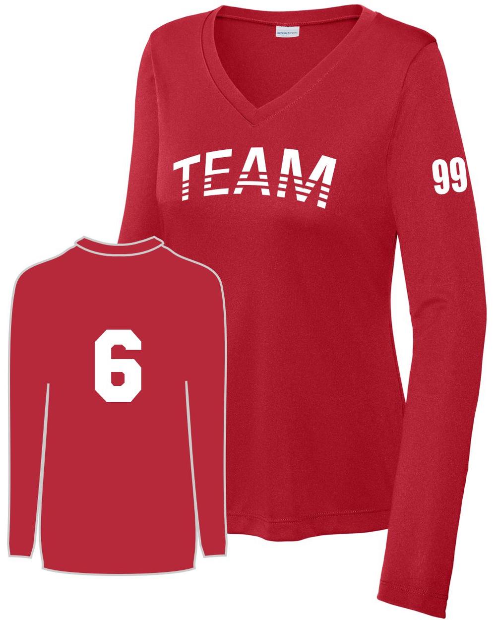 Sport-TEK Women's PosiCharge L/S Custom V-Neck T-Shirt, color: True Red
