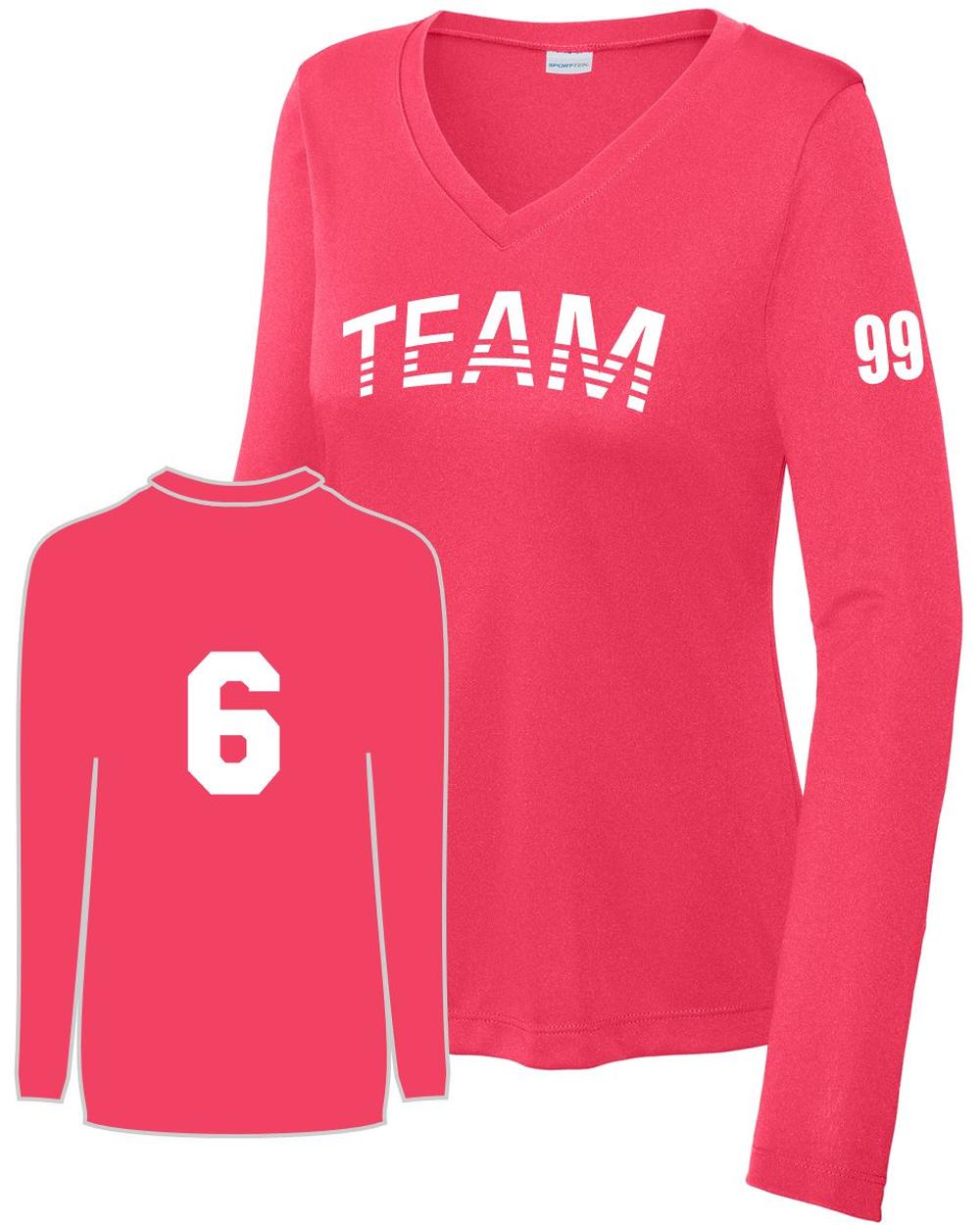 Sport-TEK Women's PosiCharge L/S Custom V-Neck T-Shirt, color: Hot Coral