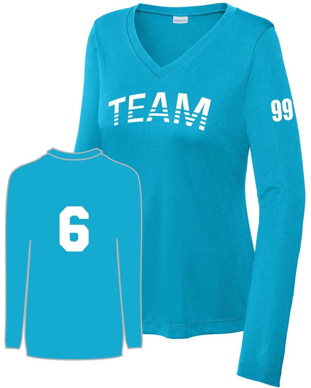 Sport-TEK Women's PosiCharge L/S Custom V-Neck T-Shirt, color: Atomic Blue