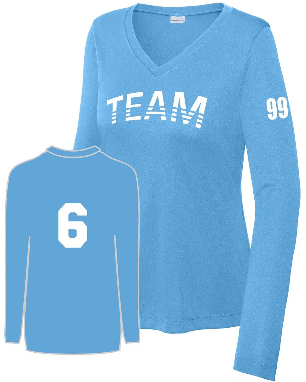 Sport-TEK Women's PosiCharge L/S Custom V-Neck T-Shirt, color: Carolina Blue