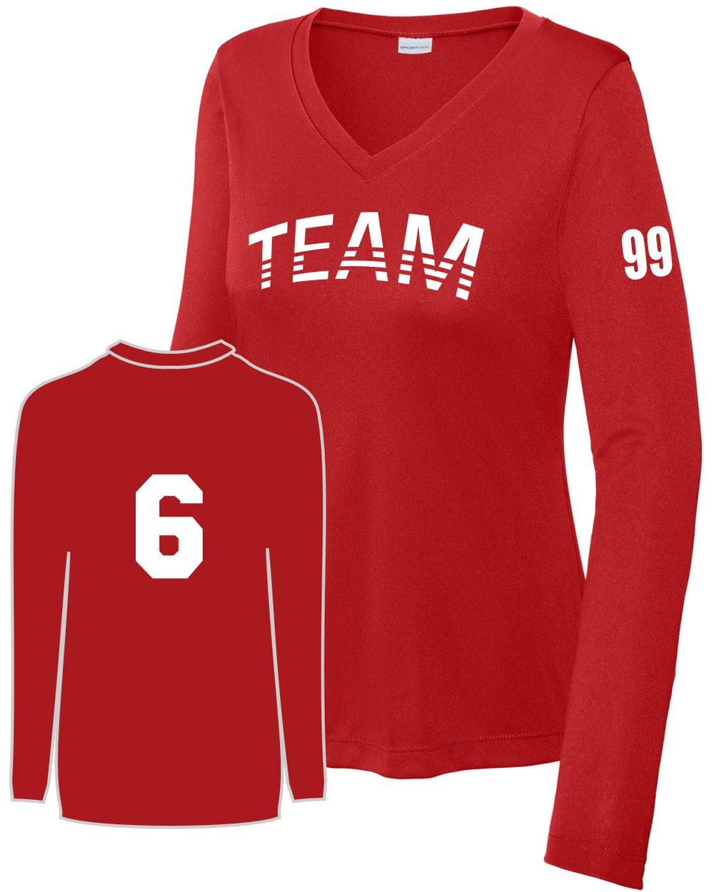 Sport-TEK Women's PosiCharge L/S Custom V-Neck T-Shirt, color: Deep Red