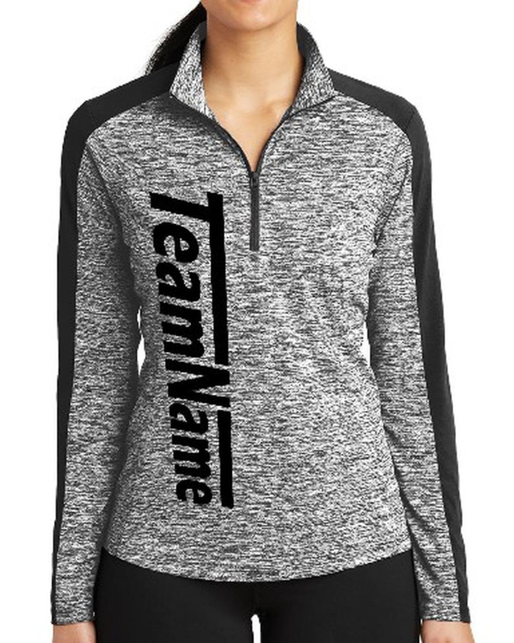 Sport-TEK Women's Electric Heather Colorblock Custom Pullover, color: Black Electric/Black