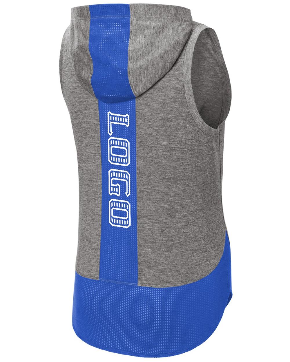 Sport-TEK Women's PosiCharge Tri-Blend Sleeveless Custom Hoodie, color: Dark Grey Heather/Royal