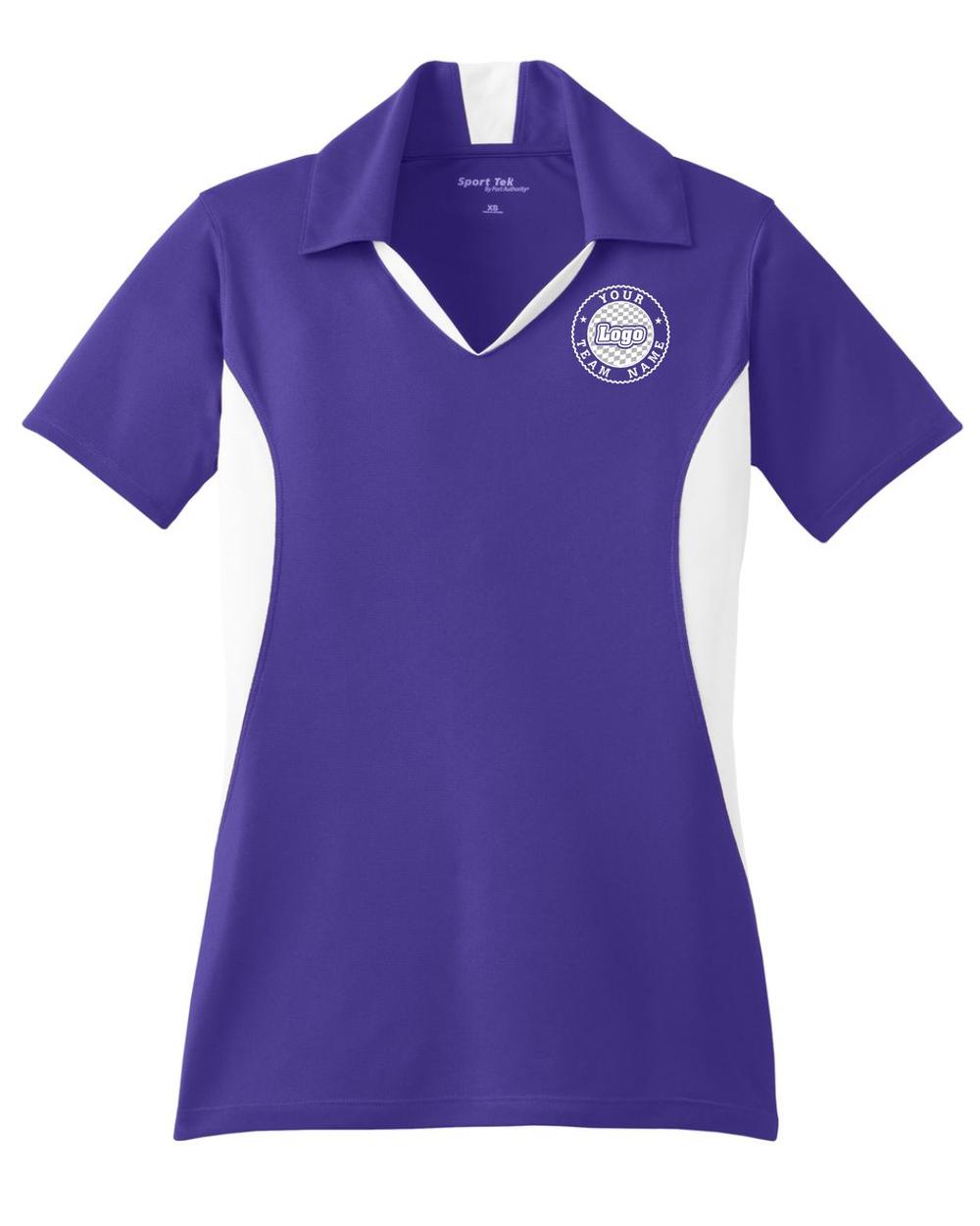 Sport-TEK Women's Side Blocked Performance Custom Coaches Shirt, color: Purple/White