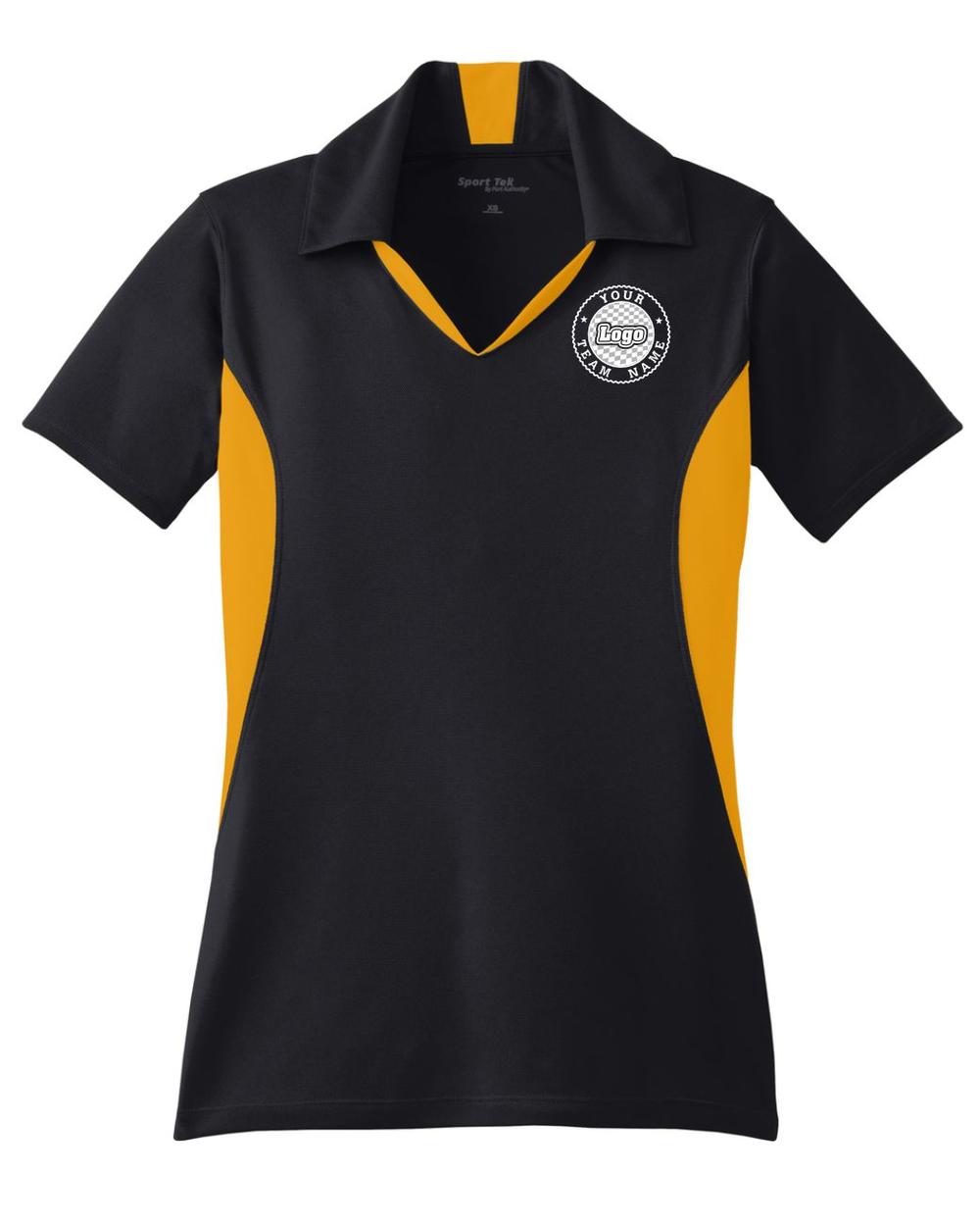 Sport-TEK Women's Side Blocked Performance Custom Coaches Shirt, color: Black/Gold