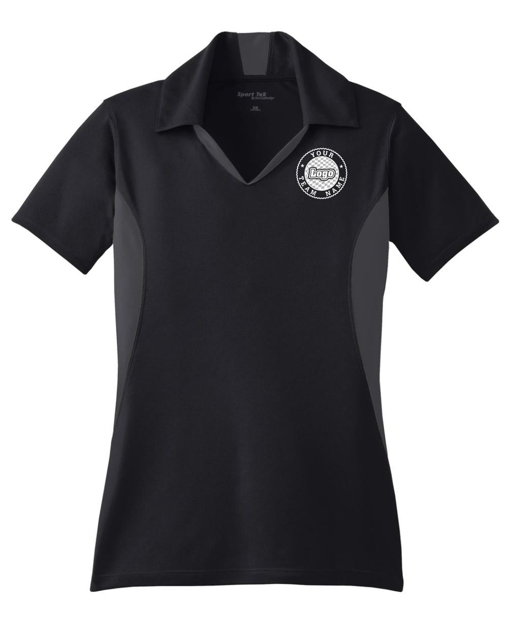 Sport-TEK Women's Side Blocked Performance Custom Coaches Shirt, color: Black/Iron Grey