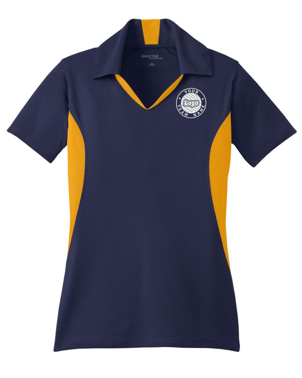 Sport-TEK Women's Side Blocked Performance Custom Coaches Shirt, color: True Navy/Gold