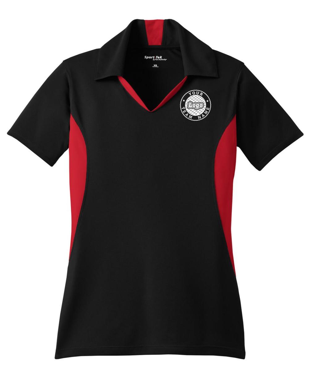Sport-TEK Women's Side Blocked Performance Custom Coaches Shirt, color: Black/True Red