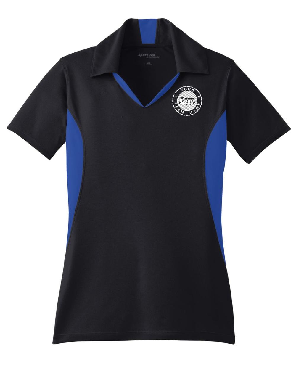Sport-TEK Women's Side Blocked Performance Custom Coaches Shirt, color: Black/True Royal
