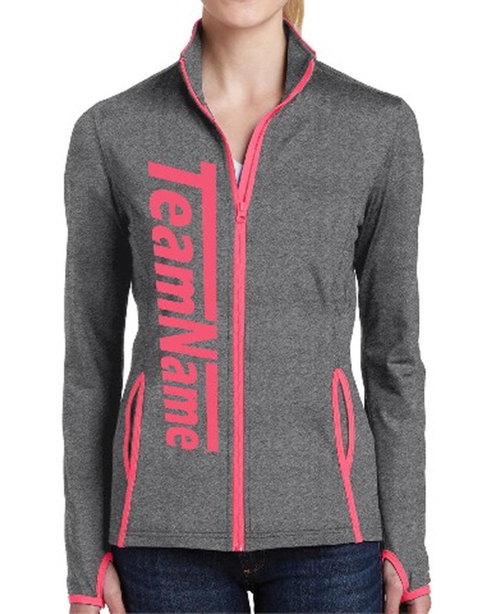 Sport-TEK Women's Stretch Contrast Full-Zip Custom Sports Jacket, color: Charcoal Grey Heather/Charge Green