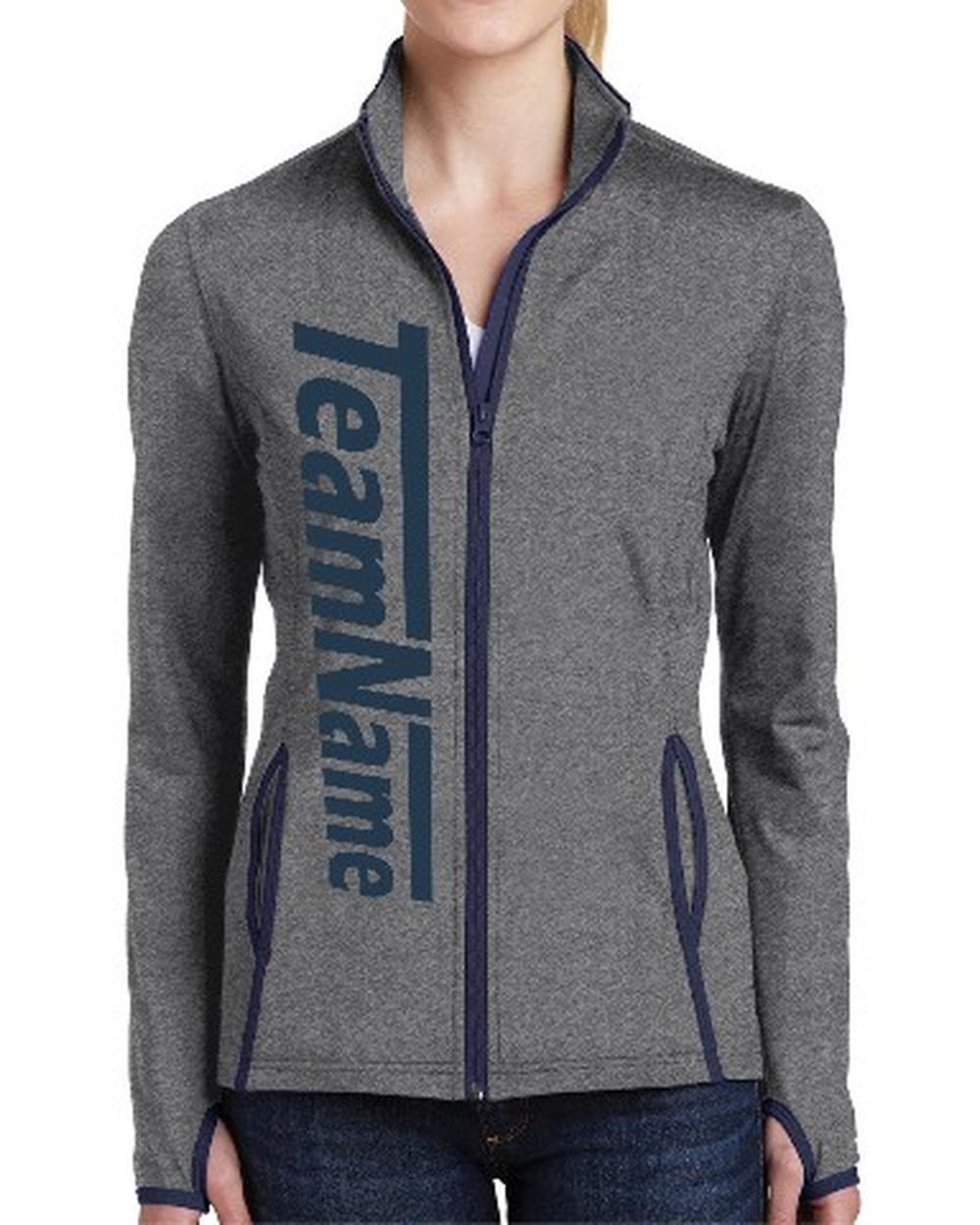 Sport-TEK Women's Stretch Contrast Full-Zip Custom Sports Jacket, color: Charcoal Grey Heather/True Navy