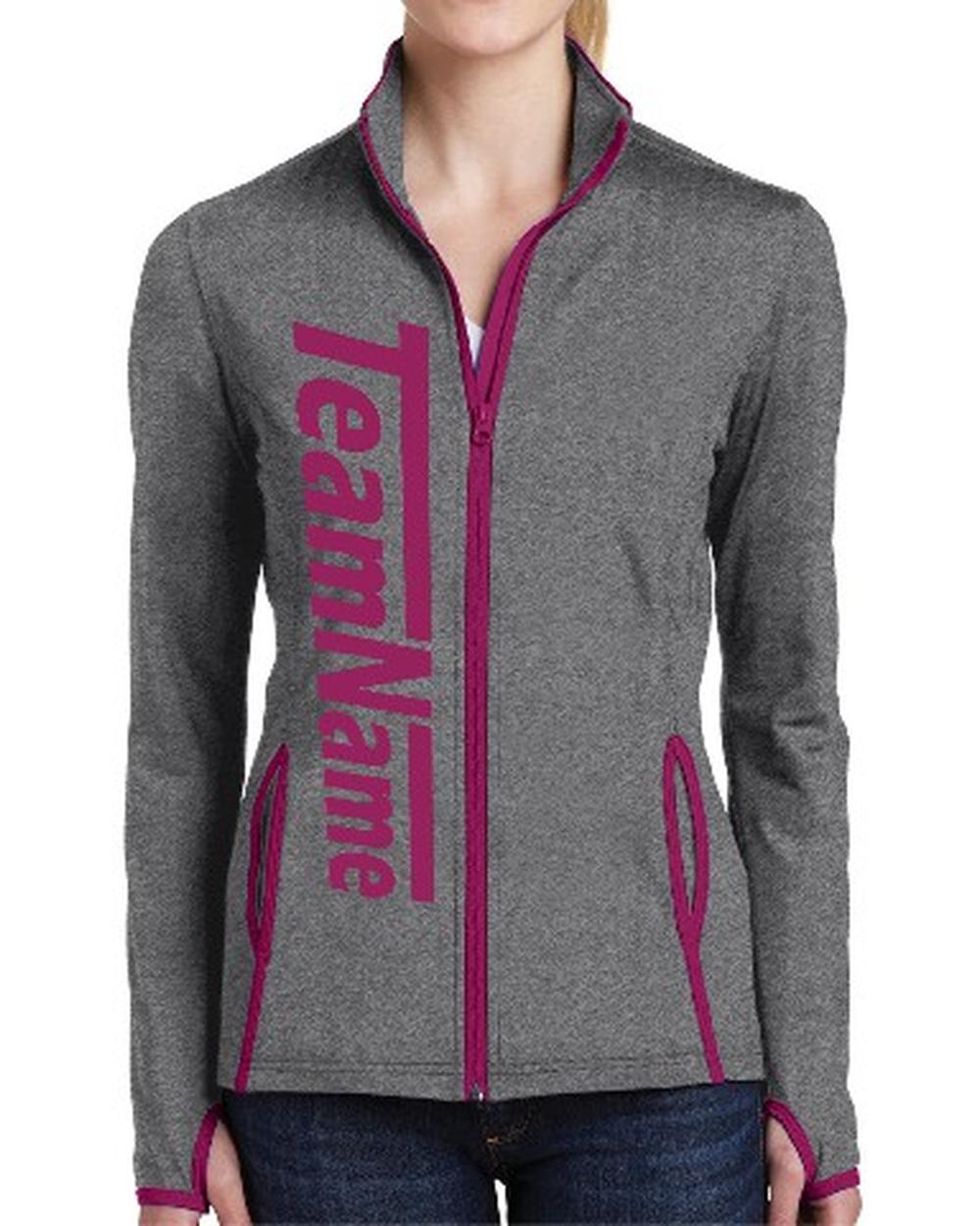 Sport-TEK Women's Stretch Contrast Full-Zip Custom Sports Jacket, color: Charcoal Grey Heather/Pink Rush