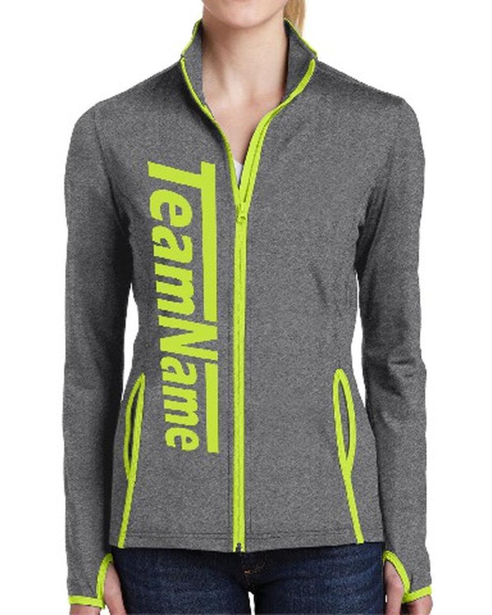 Sport-TEK Women's Stretch Contrast Full-Zip Custom Sports Jacket, color: Charcoal Grey Heather/Hot Coral