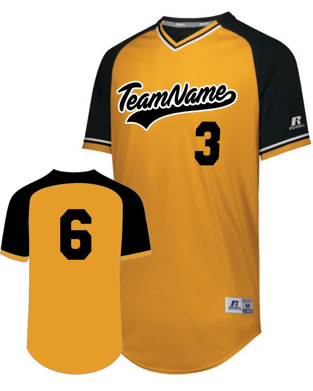 Russell V-Neck Custom Baseball Jersey, color: Gold/Black/White