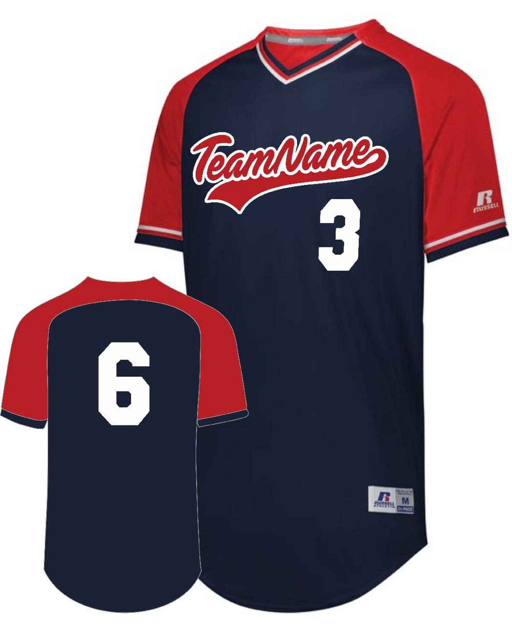 Russell V-Neck Custom Baseball Jersey, color: Navy/Red/White