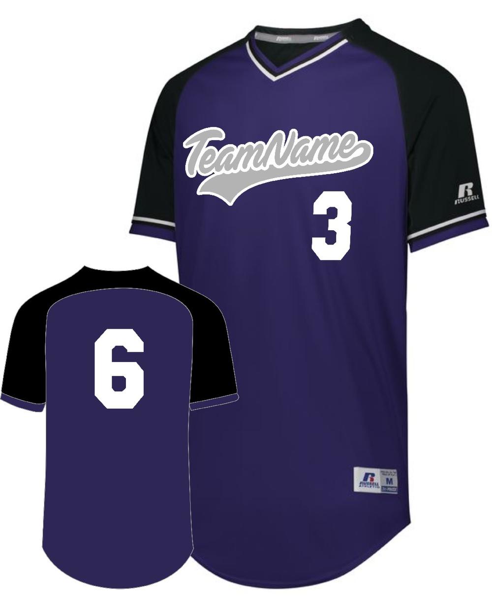 Russell Youth V-Neck Custom Baseball Jersey, color: Purple/Black/White