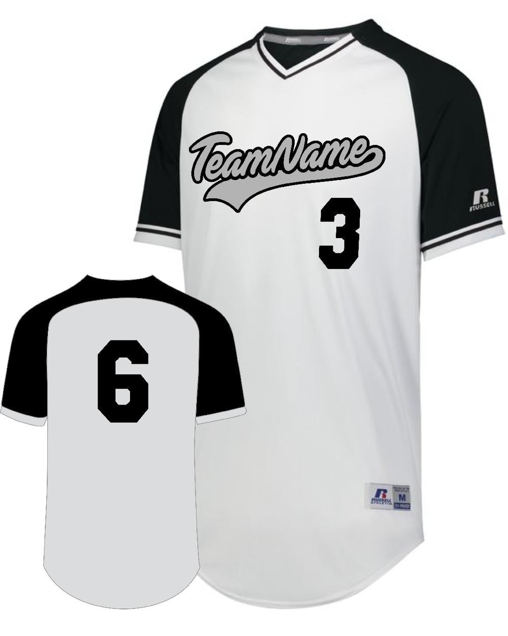 Russell Youth V-Neck Custom Baseball Jersey, color: White/Black/White
