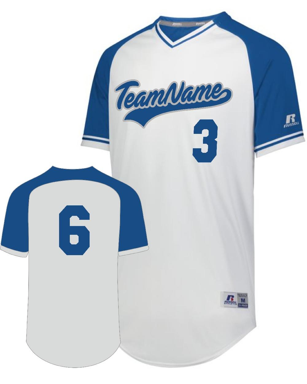 Russell Youth V-Neck Custom Baseball Jersey, color: White/Royal/White