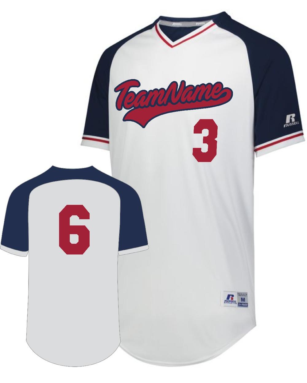 Russell Youth V-Neck Custom Baseball Jersey, color: White/Navy/Red