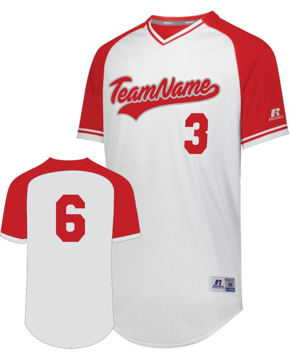 Russell Youth V-Neck Custom Baseball Jersey, color: White/Red/White