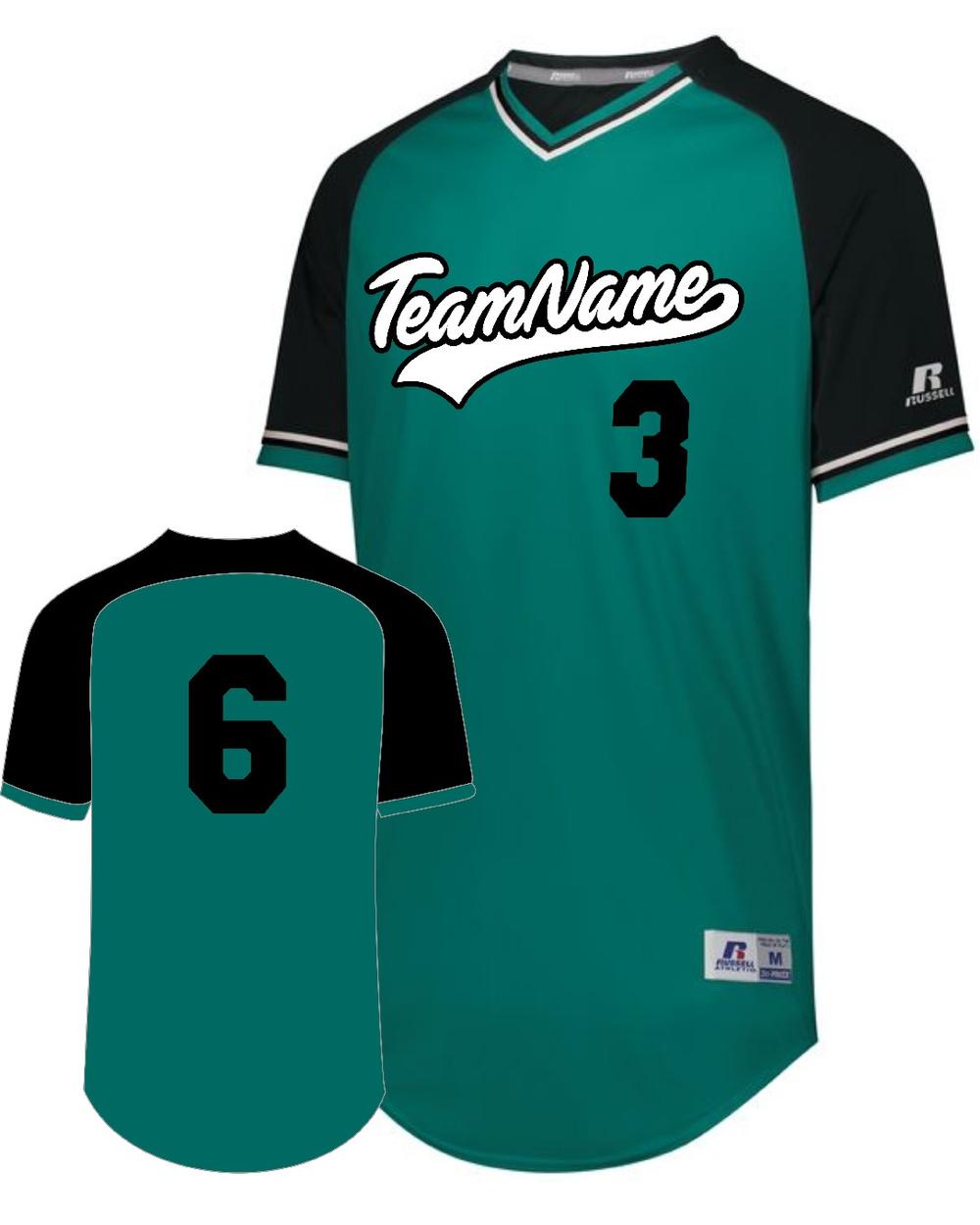 Russell V-Neck Custom Baseball Jersey, color: Aqua/Black/White