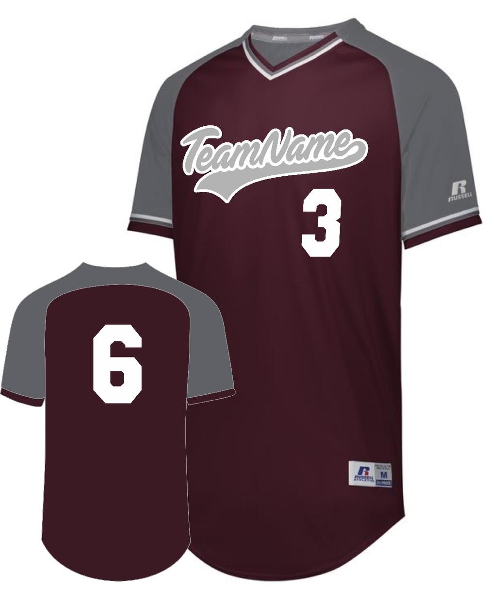 Russell Youth V-Neck Custom Baseball Jersey, color: Maroon/Steel/White