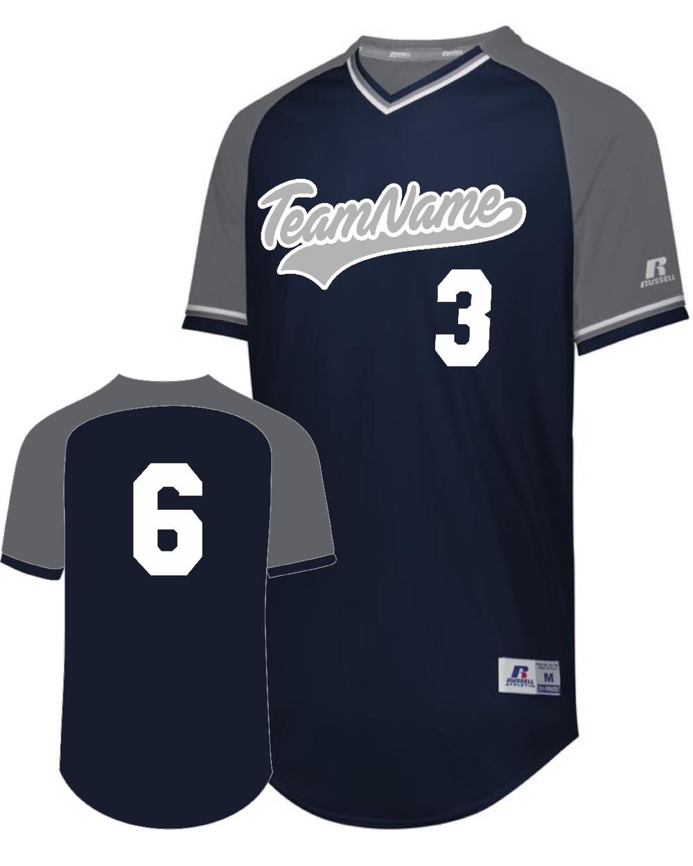 Russell V-Neck Custom Baseball Jersey, color: Navy/Steel/White
