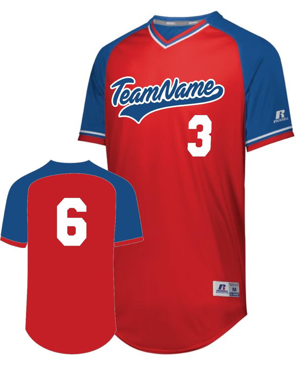 Russell Youth V-Neck Custom Baseball Jersey, color: Red/Royal/White