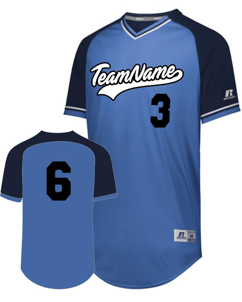 Russell Youth V-Neck Custom Baseball Jersey, color: Columbia Blue/Navy/White