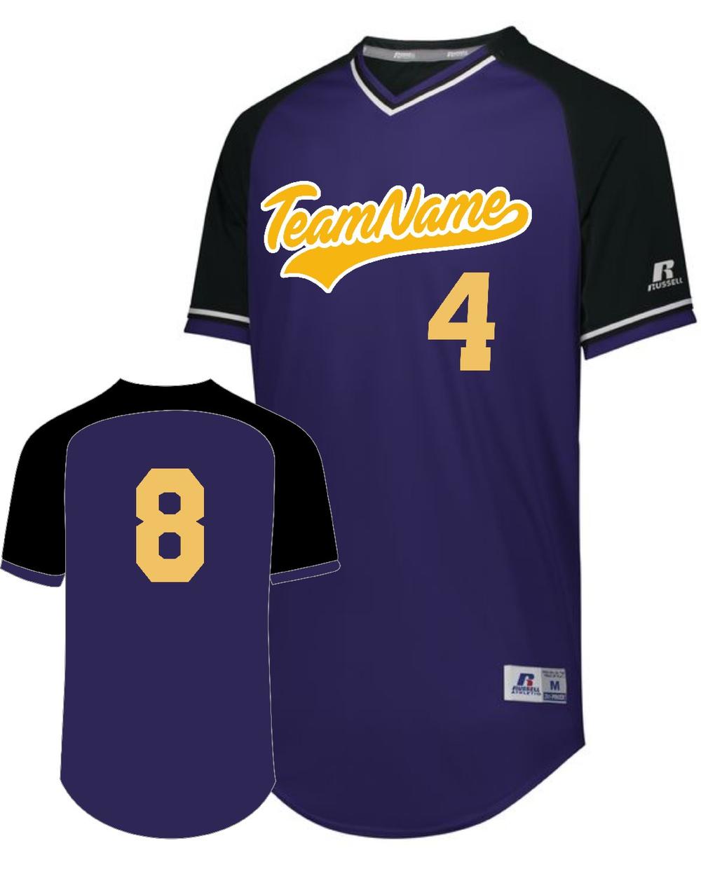 Russell V-Neck Custom Baseball Jersey, color: Purple/Black/White