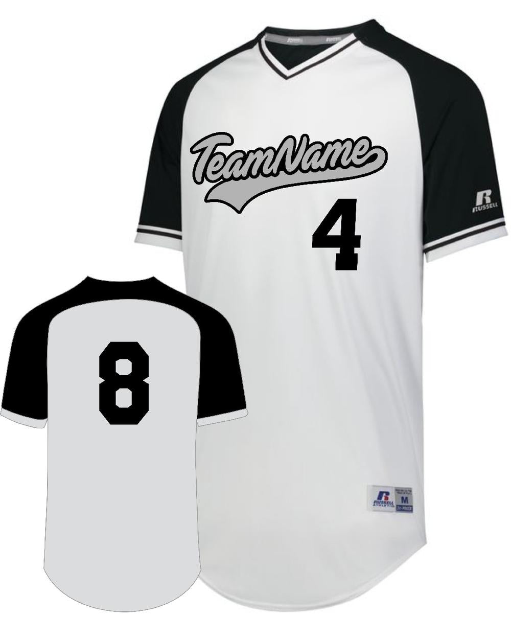 Russell V-Neck Custom Baseball Jersey, color: White/Black/White