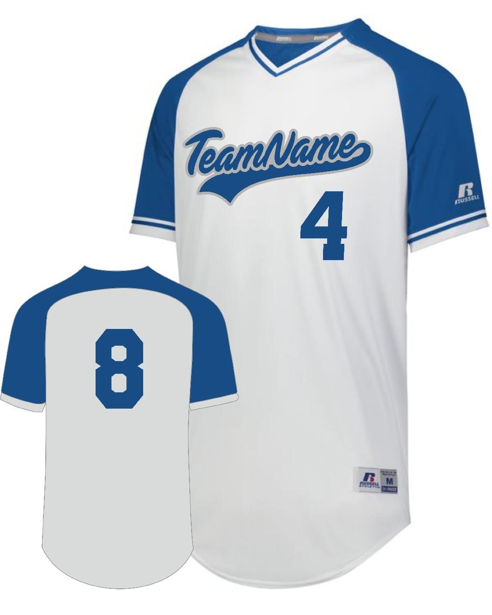 Russell V-Neck Custom Baseball Jersey, color: White/Royal/White
