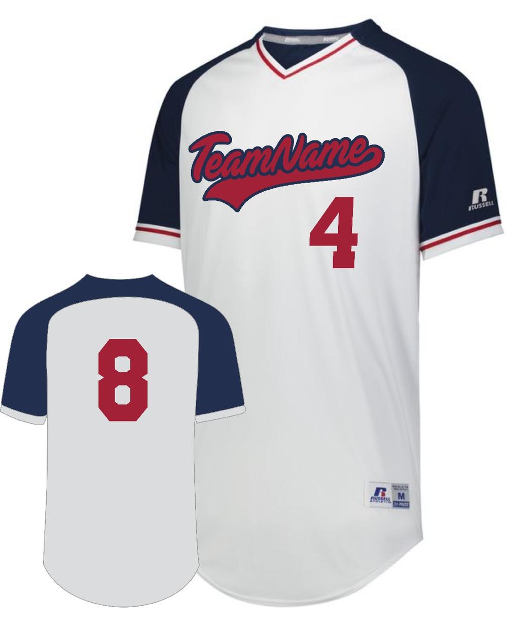 Russell V-Neck Custom Baseball Jersey, color: White/Navy/Red