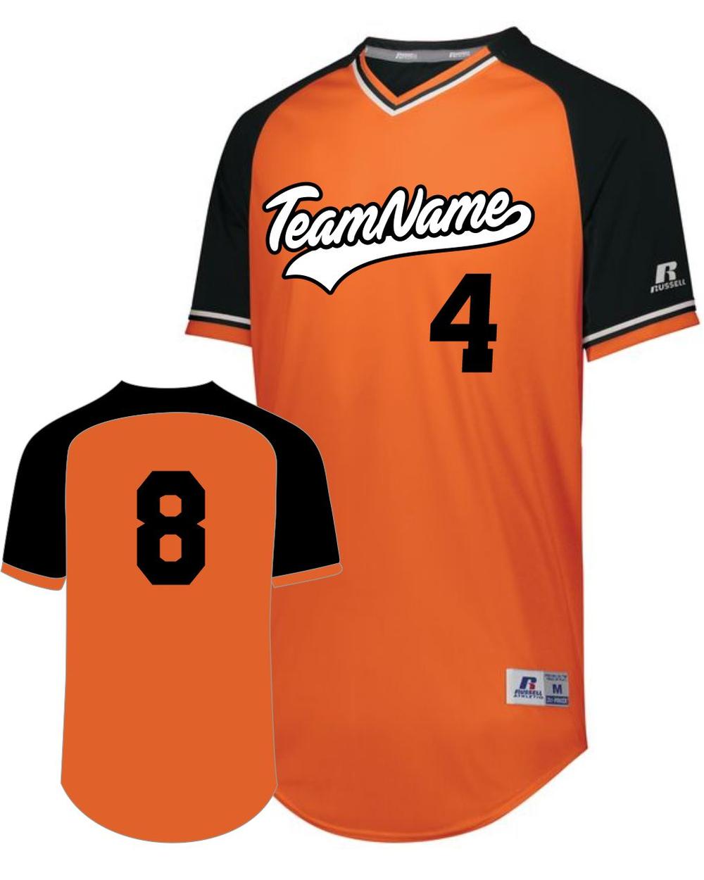 Russell Men's V-Neck Custom Baseball Jersey, color: Burnt Orange/Black/White