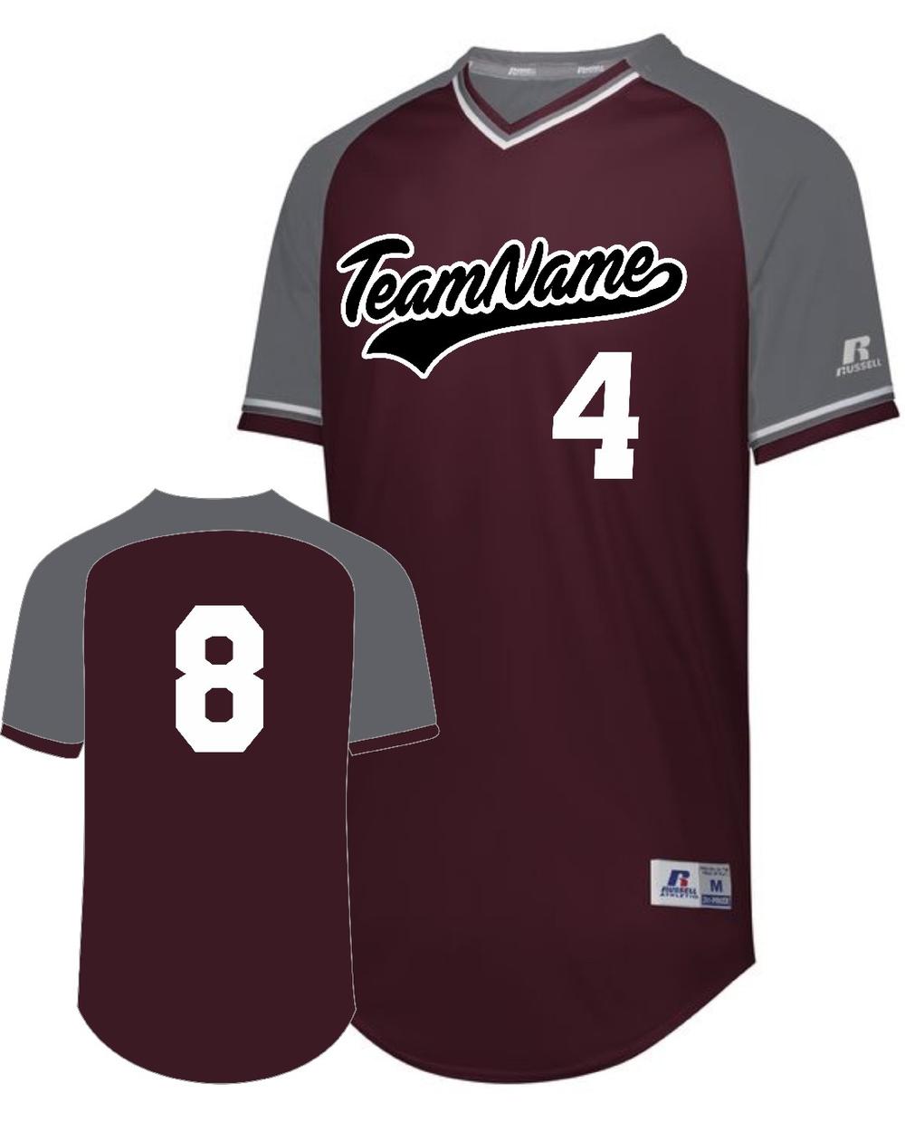 Russell V-Neck Custom Baseball Jersey, color: Maroon/Steel/White