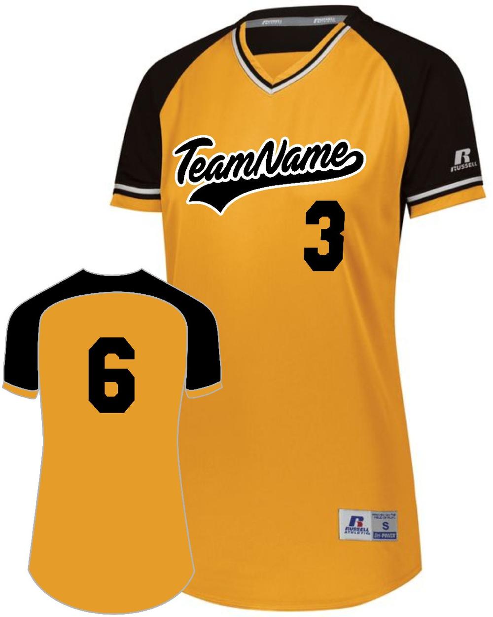 Russell Women's V-Neck Custom Softball Jersey, color: Gold/Black/White